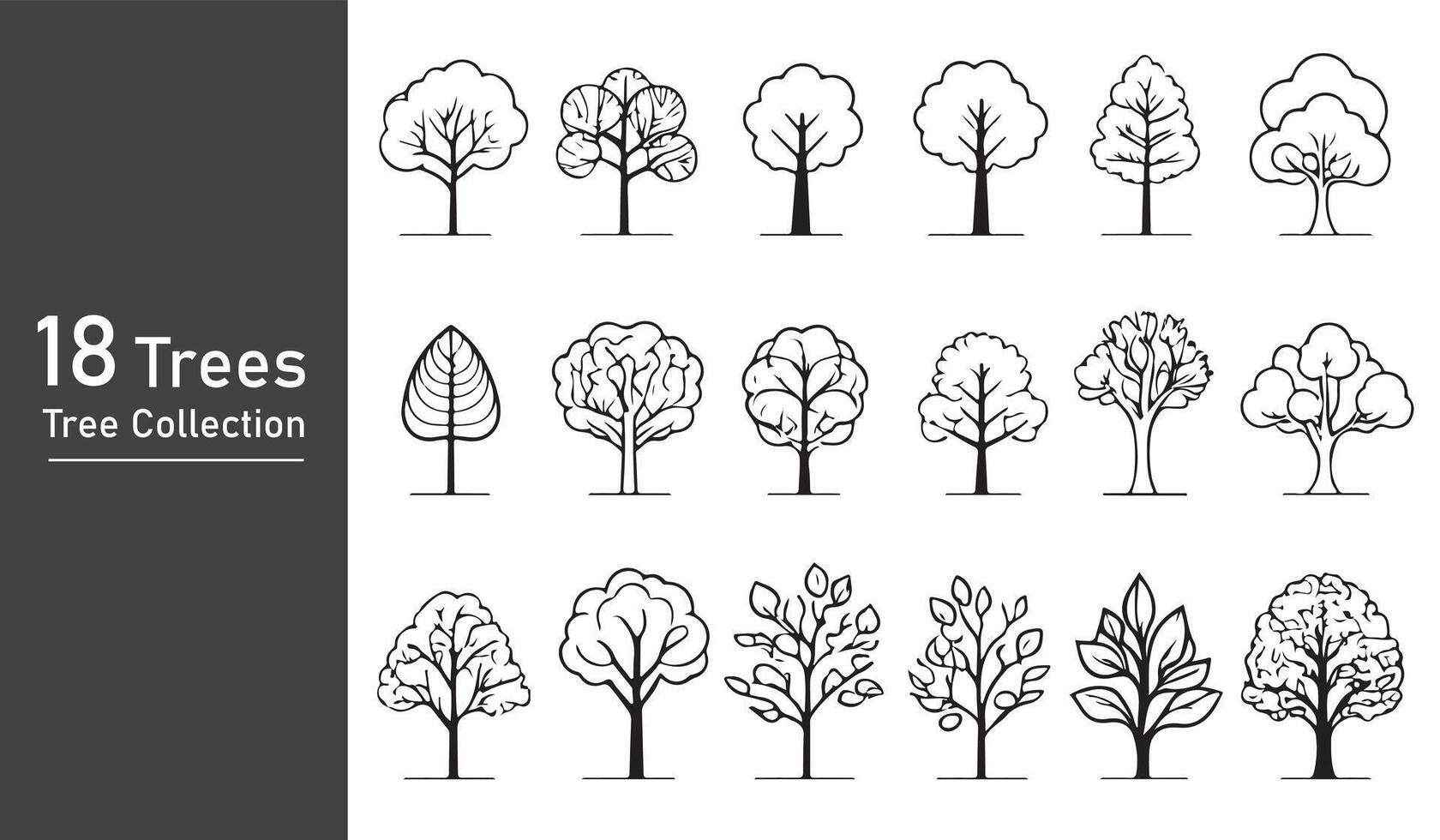 silhouette tree line drawing set, Side view, set of graphics trees elements outline symbol vector