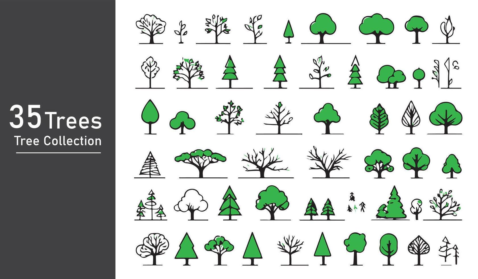 silhouette tree line drawing set, Side view, set of graphics trees elements outline symbol vector