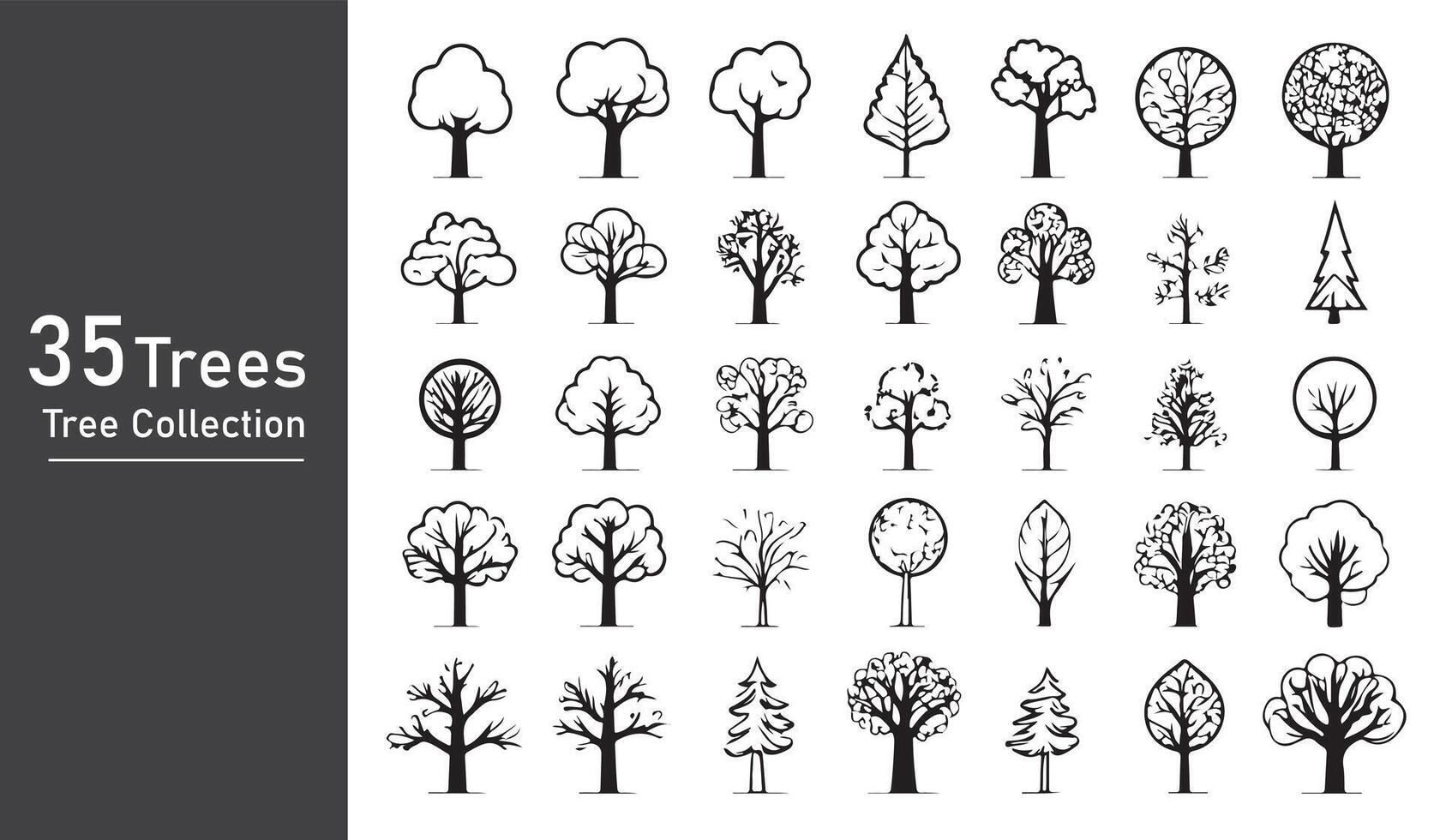 silhouette tree line drawing set, Side view, set of graphics trees elements outline symbol vector