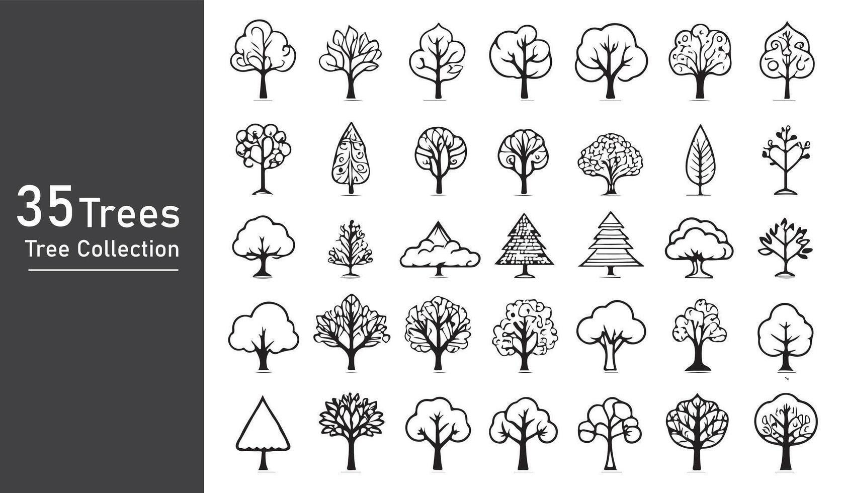 silhouette tree line drawing set, Side view, set of graphics trees elements outline symbol vector