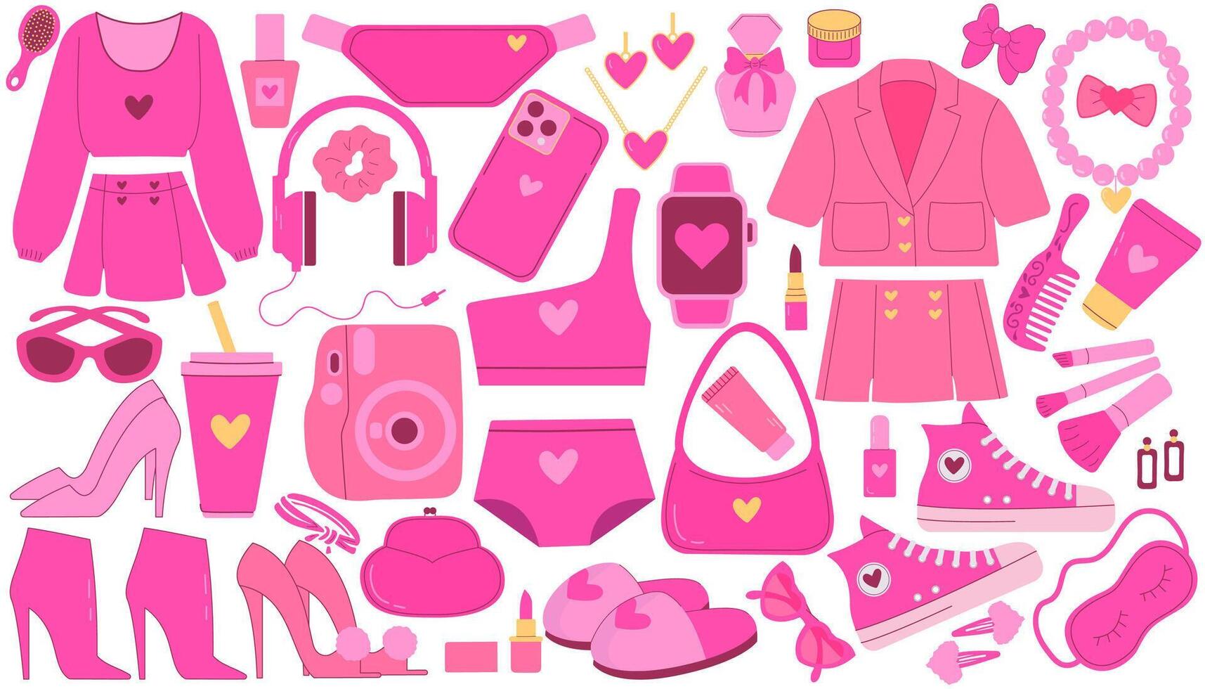 Set of pink accessories and clothing . Pink trendy set, pink doll aesthetic accessories and clothing. Vector illustration. A collection of accessories and clothing