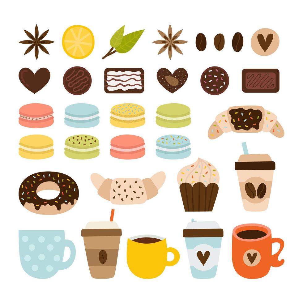 café y té recopilación. cafetería iconos conjunto de té símbolos, objetos y elementos. macarrones, chocolate, cuerno, rosquilla vector