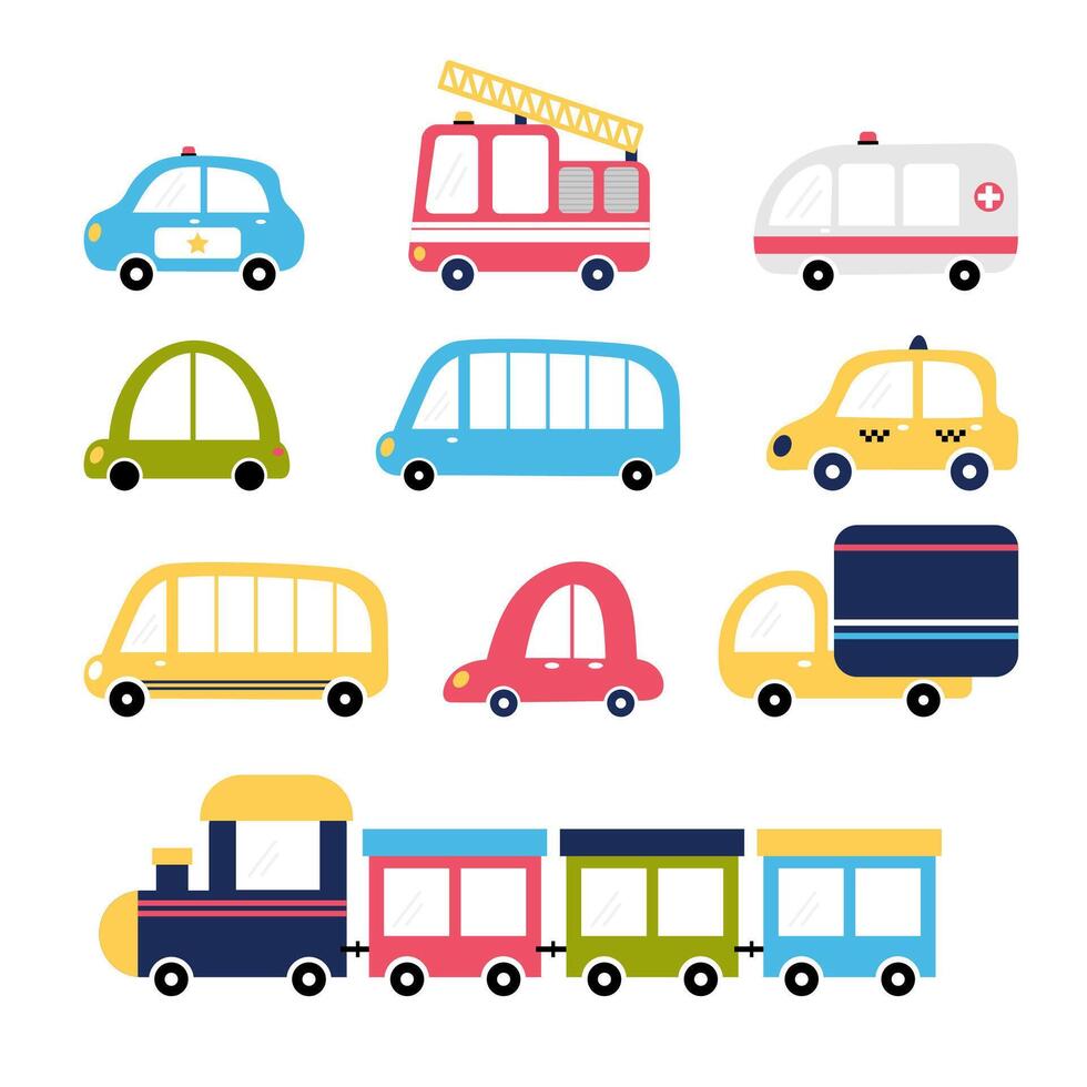 Cute set of cartoon transports for kids design. Collection of cars. Fire truck, ambulance, police, train, taxi, bus vector