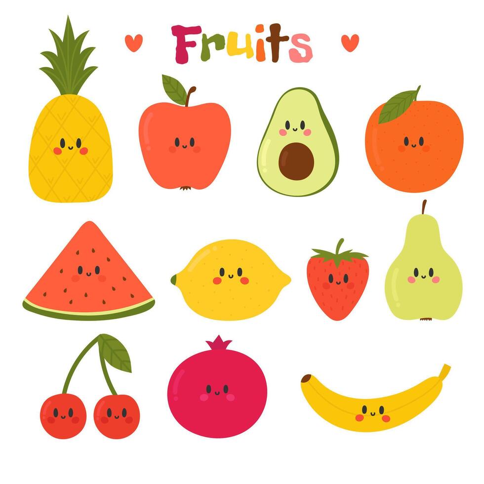 linda mano dibujado kawaii frutas sano estilo recopilación. plano estilo. vegetariano alimento. dibujos animados vector