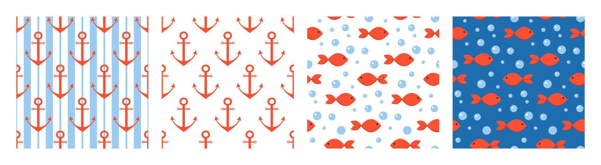 Cute seamless pattern set in navy and marine simple style. Minimalistic fishes, anchors and stripes background vector
