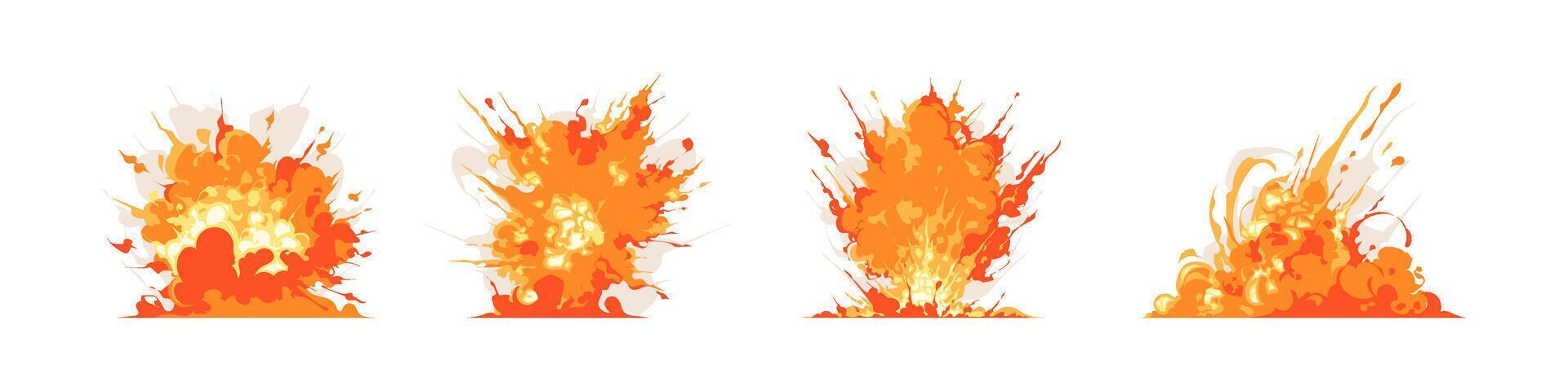 set of burning fire and explosion, fast move trace, splashes, and smoke comic game effect illustration vector