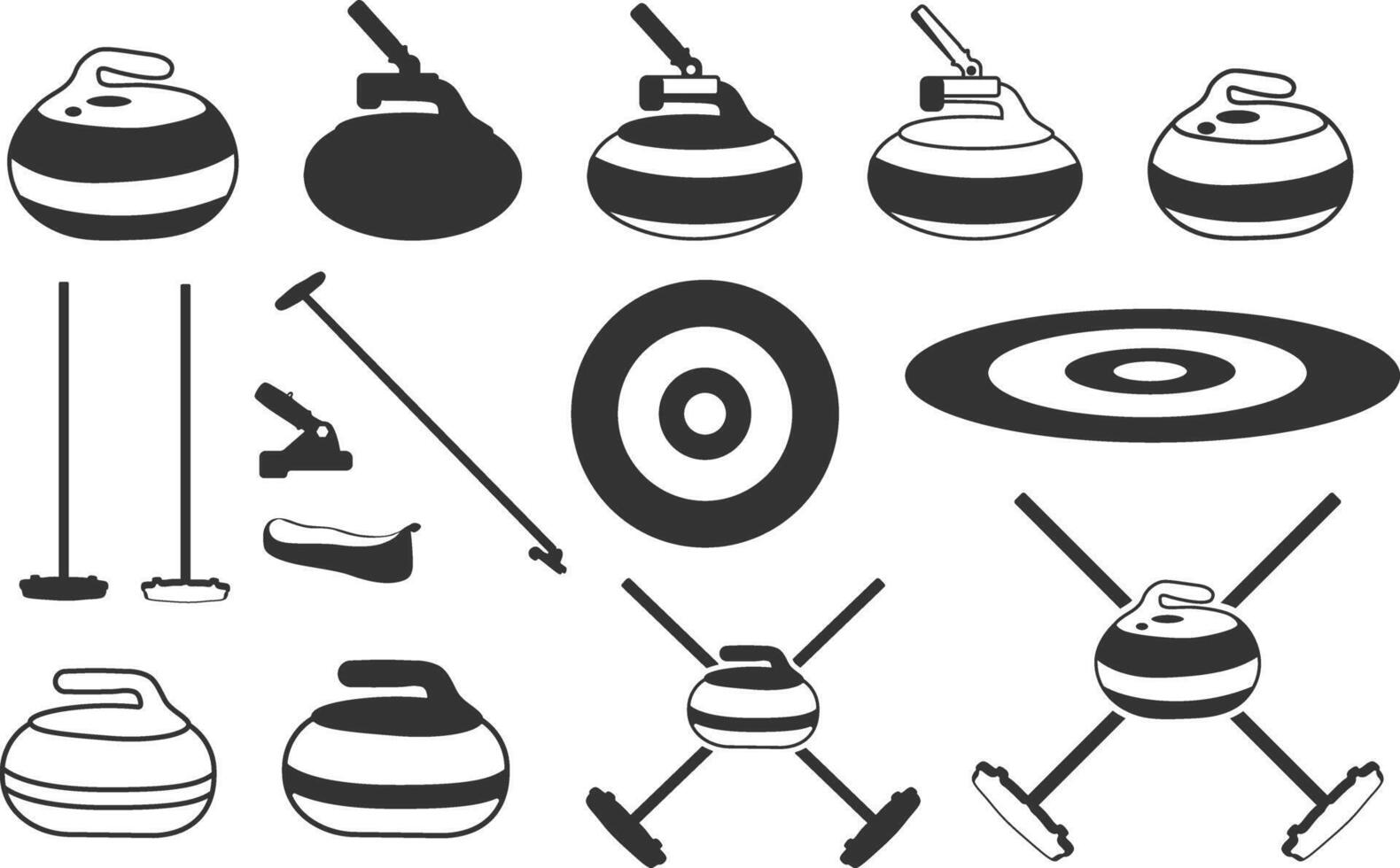 Curling sports equipment silhouette, Silhouette of curling stone, Delivery stick, Curling broom, Curling sheet etc, Curling silhouette vector