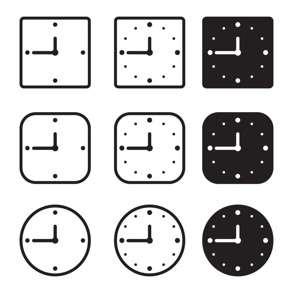 Clock icon set. Time clock icons collection. Line clocks symbol, vector black clocks icons isolated on white background