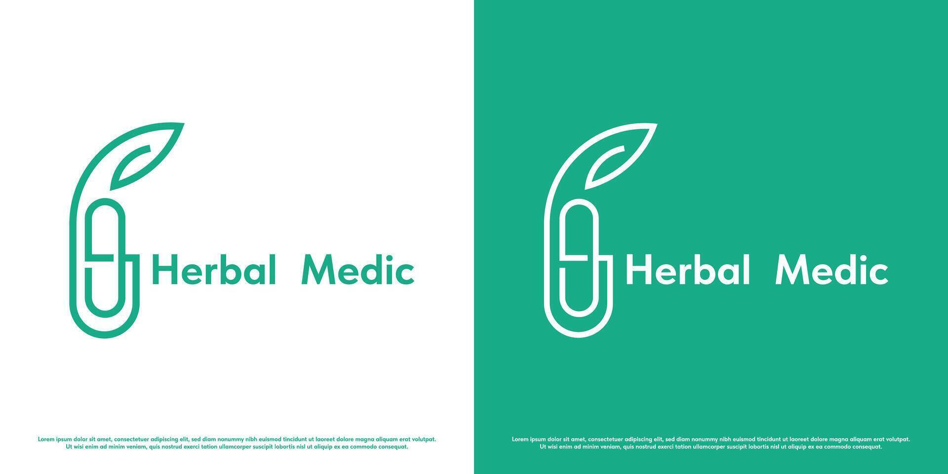 Herbal health logo design illustration. Silhouette of medical medicine pill plant eco nature herbal hospital pharmacy clinic. Simple minimal minimalist geometric modern abstract capsule line icon. vector