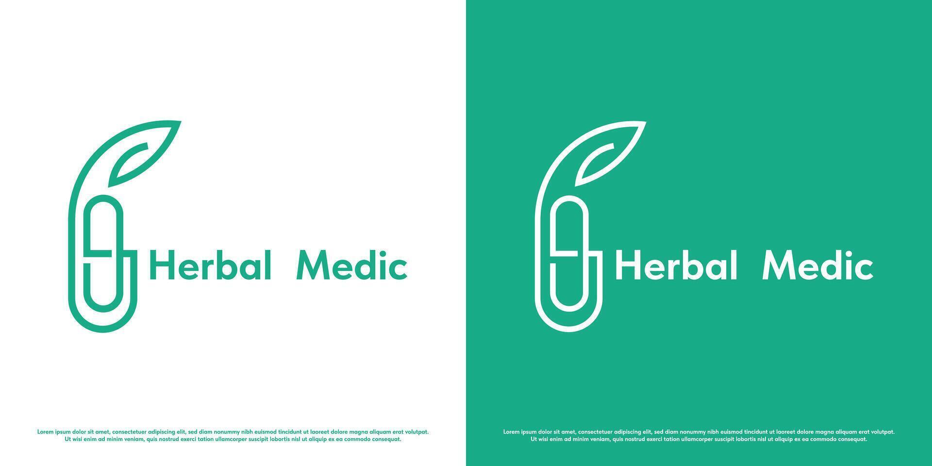 herbario salud logo diseño ilustración. silueta de médico medicina píldora planta eco naturaleza herbario hospital farmacia clínica. sencillo mínimo minimalista geométrico moderno resumen cápsula línea icono. vector