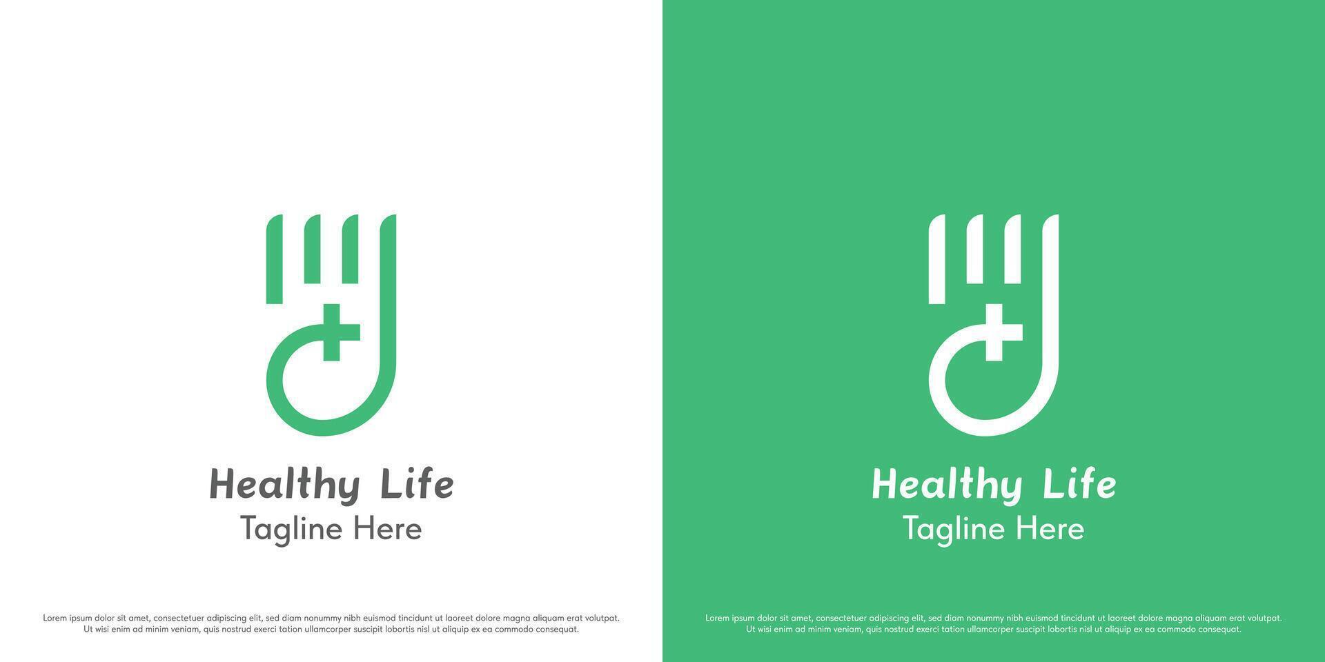 Health hand logo design illustration. Silhouette of healthy hands fit green people human care help healthcare medic life. Abstract healthy fresh wellness geometric line minimal simple icon symbol. vector