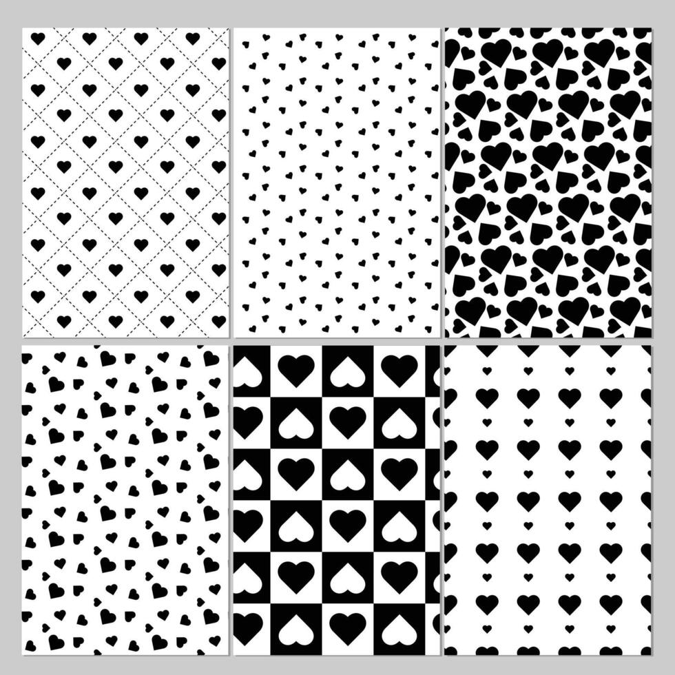 Set of 9 cute trendy Black hearts pattern isolated on white background. Vector illustration sets