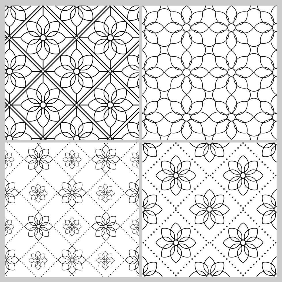 Sets of 4 Line geometric floral pattern seamless tiling floor and wallpaper texture monochrome isolated on white background. Creative and elegant vector illustration.