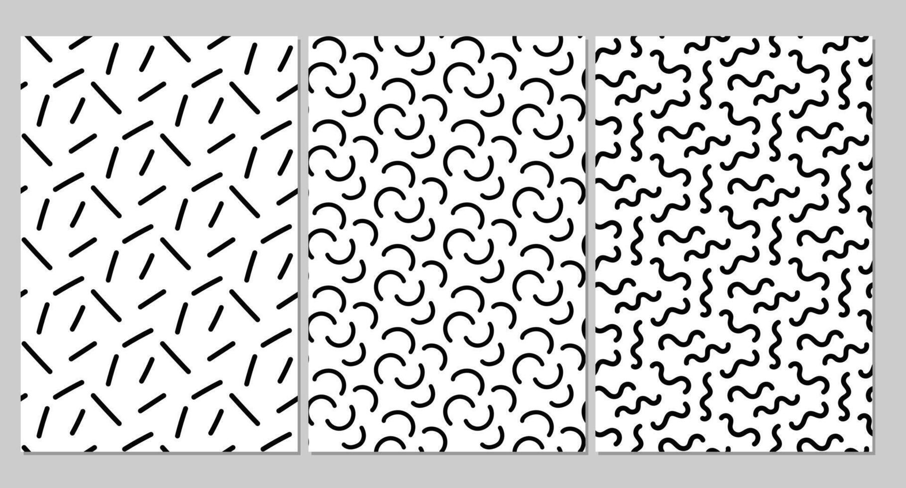 3 different creative lines abstract monochrome seamless patterns. Vector illustration isolated on white background.