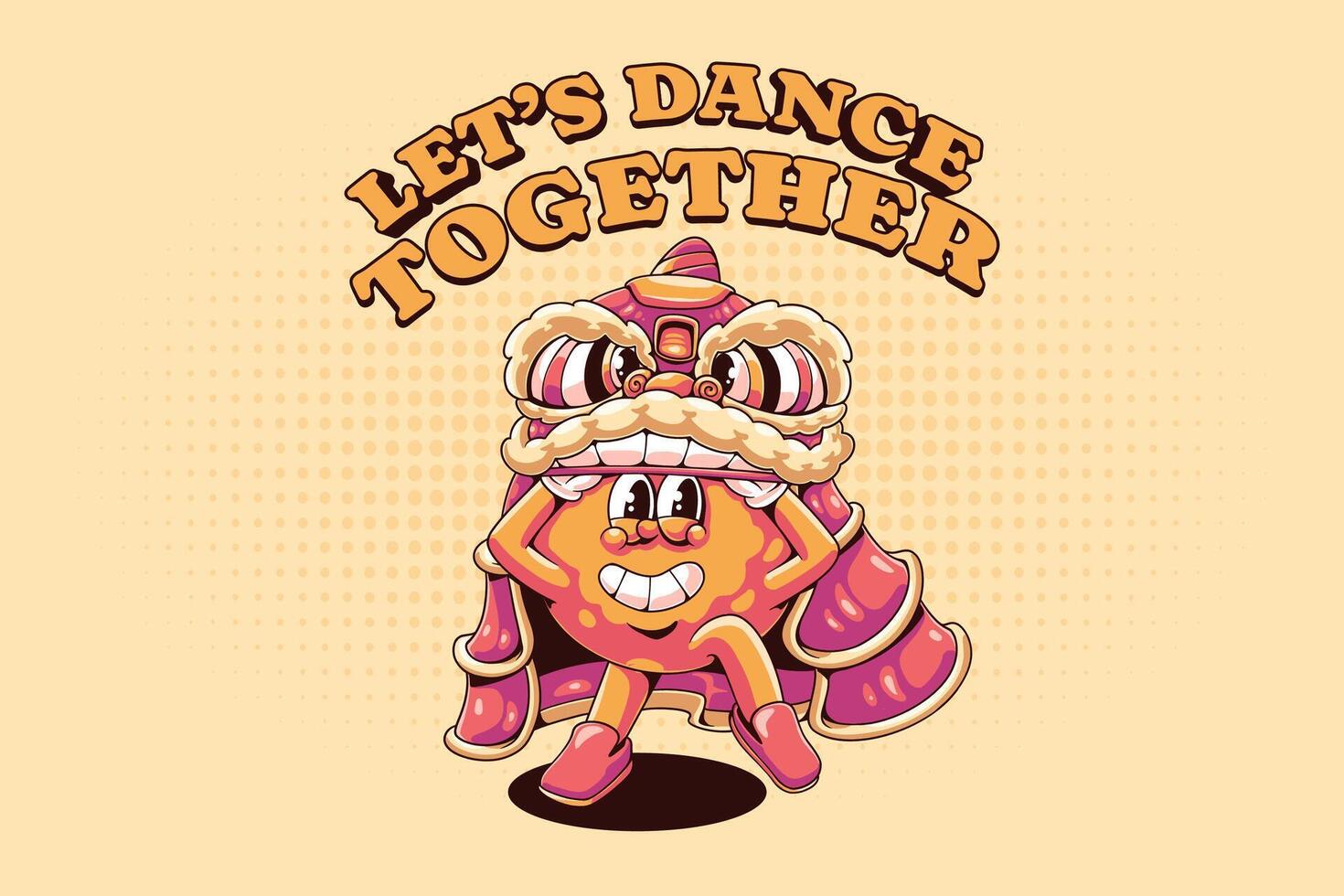 Tshirt design with Orange performing lion dance Retro Cartoon Character Illustration. Year of the dragon 2024 vector