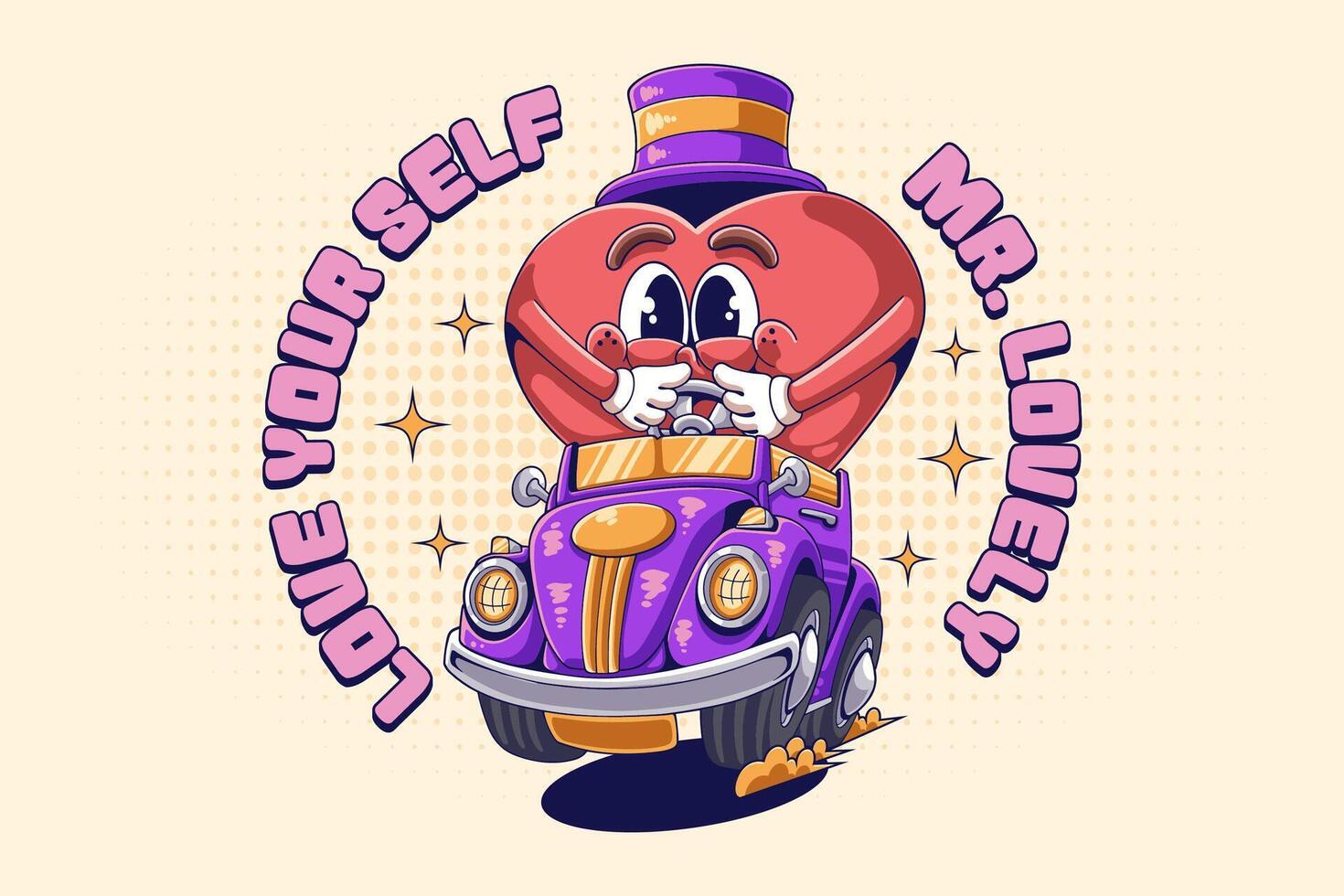 Love Heart Riding Car Retro Cartoon Character Illustration. Vintage Retro Character Heart with Chocolate Box Illustration Design vector