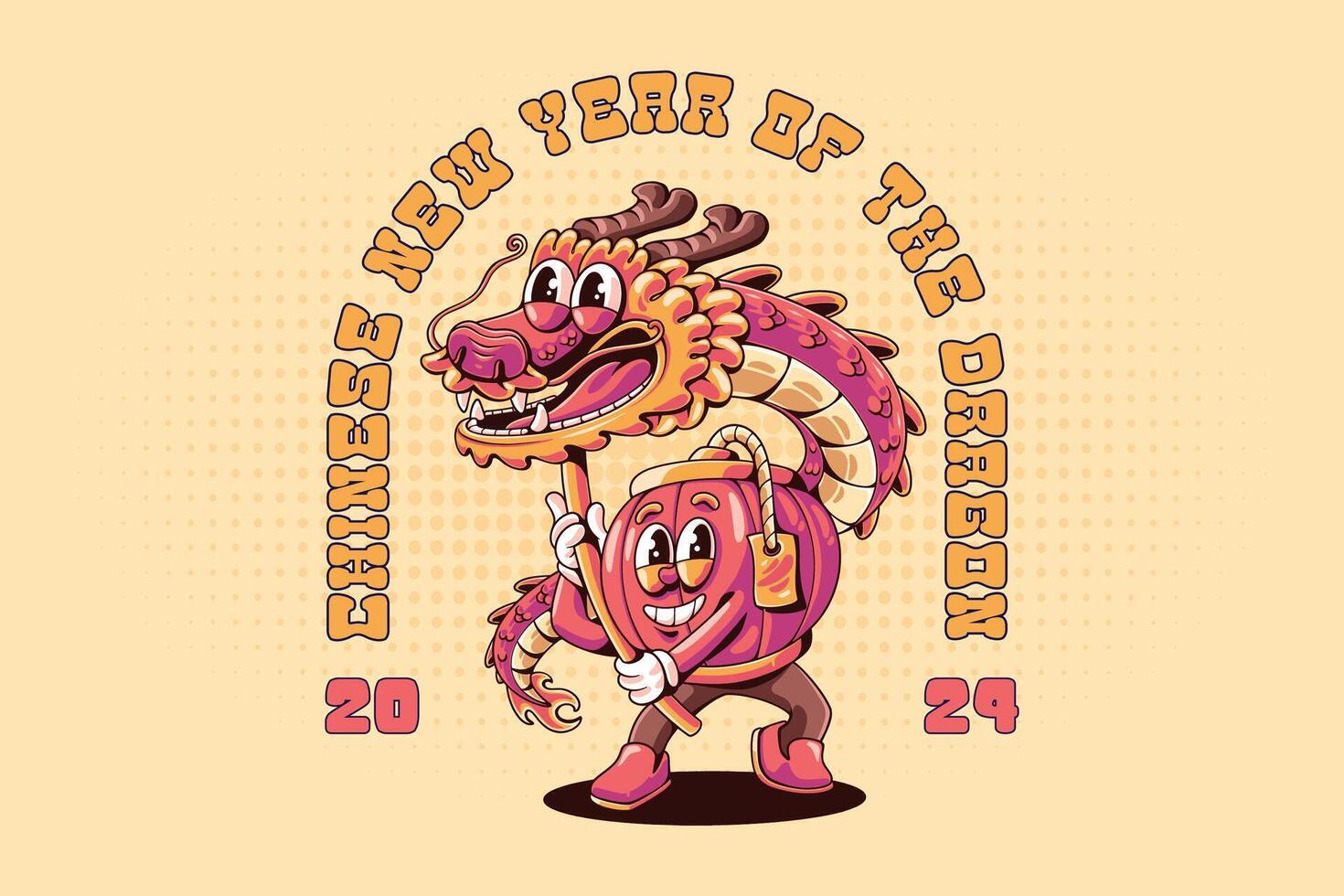 Tshirt design with chinese lantern performing dragon dance Retro Cartoon Character Illustration. Year of the dragon 2024 vector