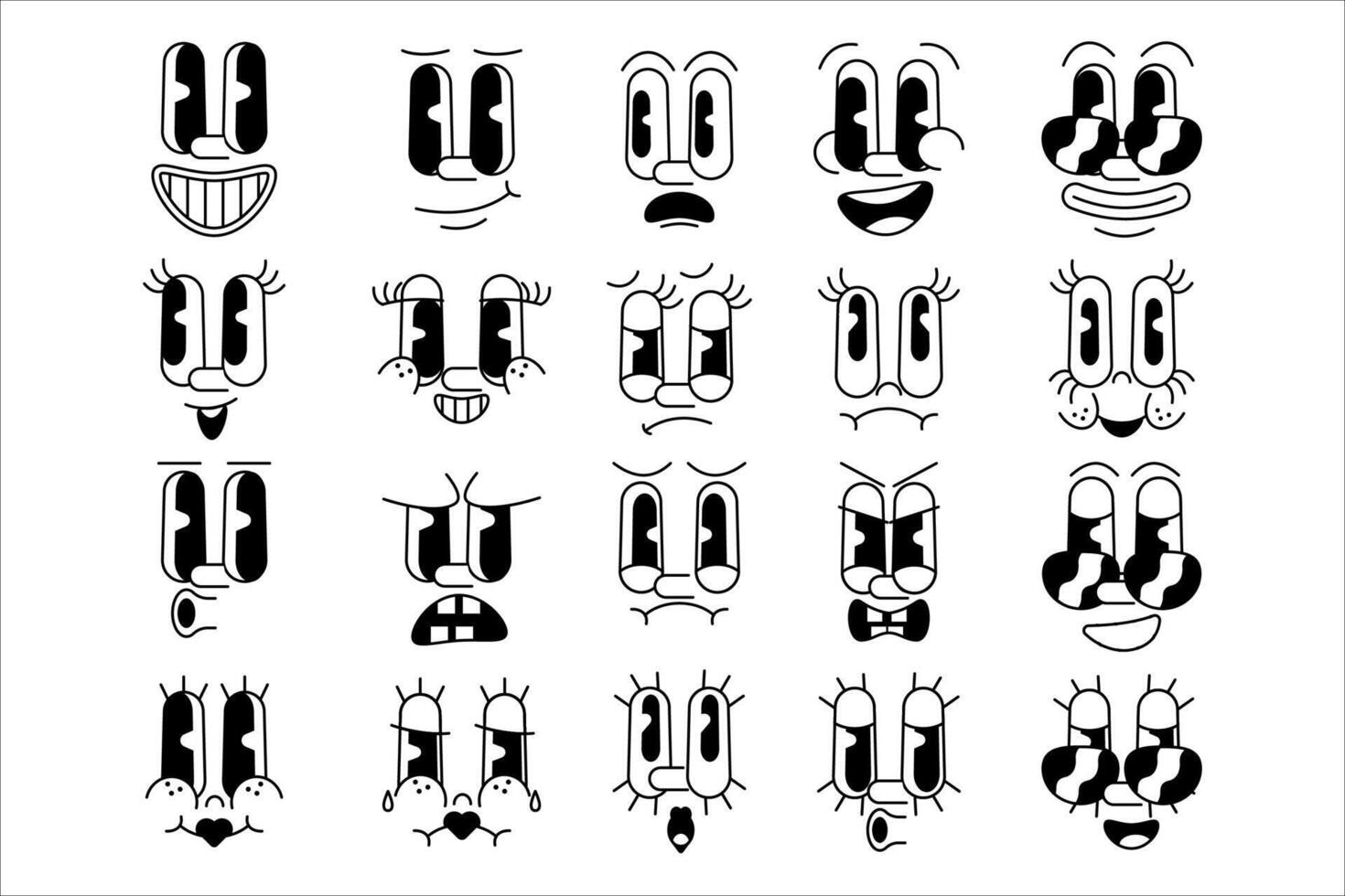 Retro cartoon comics characters faces. Vintage funny mascot facial expressions, mouths and eyes with different emotions for characters vector set. Retro quirky characters smile emoji vector set