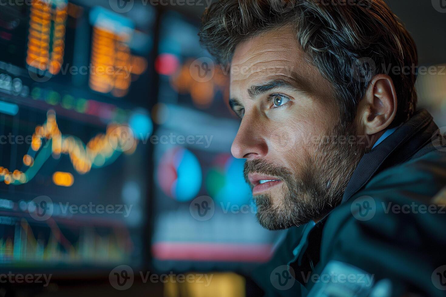 AI generated Portrait of a confident mature man standing in front of a monitor with stock charts photo