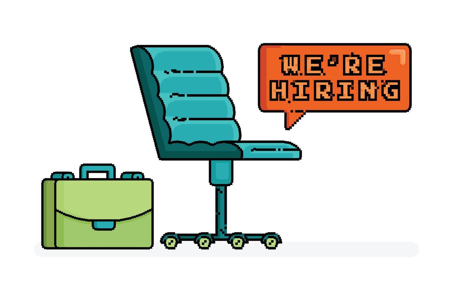 pixel line art of work chair and briefcase with bubble shout we're hiring. looking for applicants for specific position. Can be used for ads, websites, flyers, brochures of  job vacancy and hiring vector