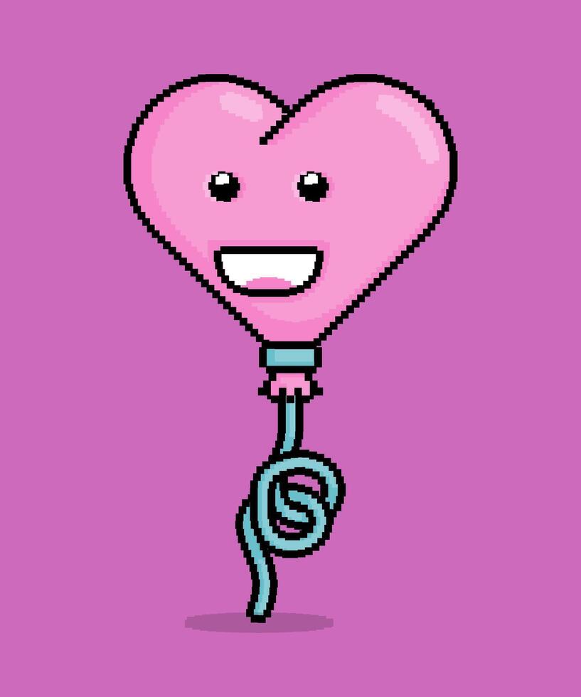 emoji in pixel art illustration of a flat smiling heart shaped balloon. Can be used for stickers, toy, valentine, dating, invitation, T shirt, clothing vector