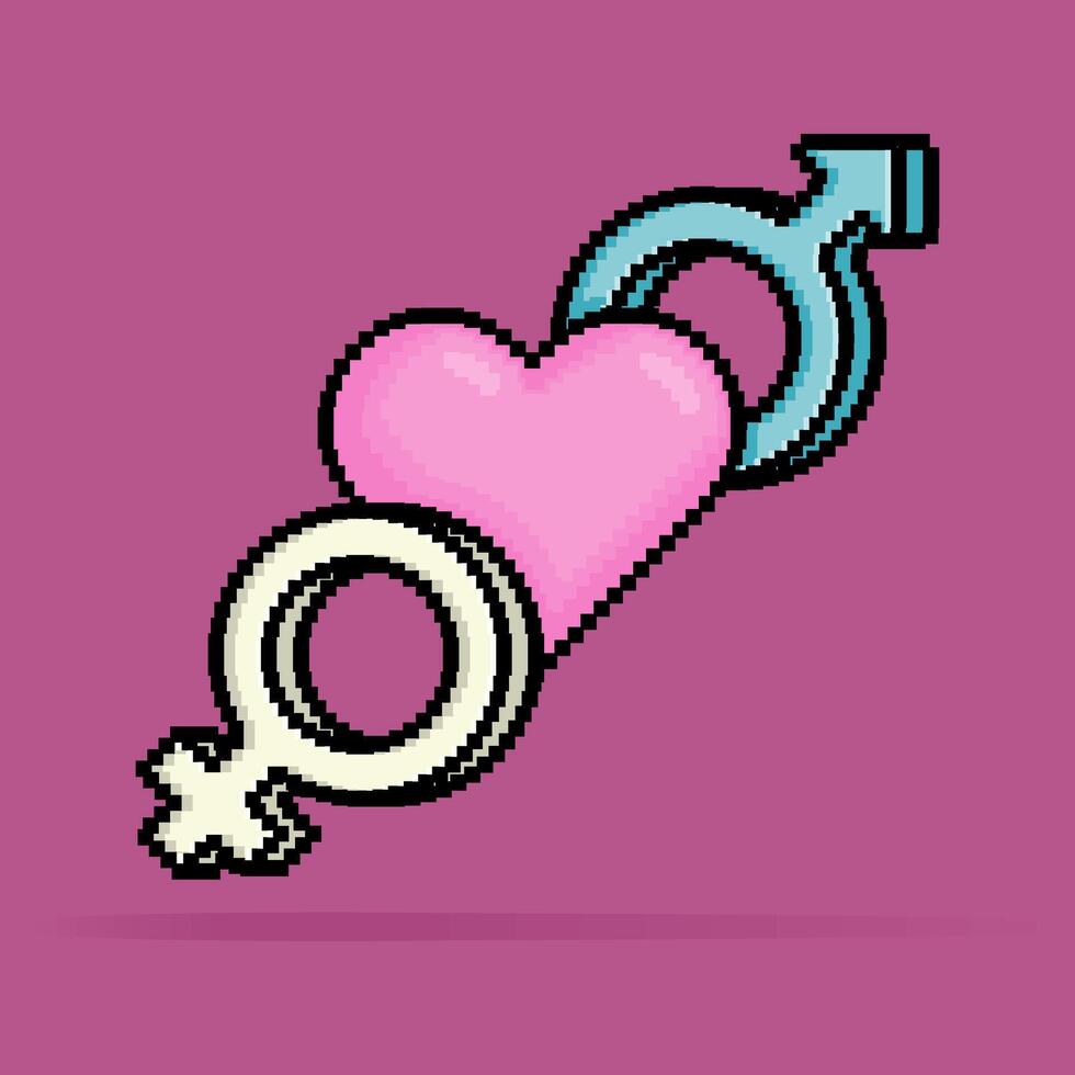 8 bit pixel illustration of pink heart or love sign among male or female gender symbols. Can be used for sticker, t shirt, gift, dating invitation, poster, Valentine greeting vector