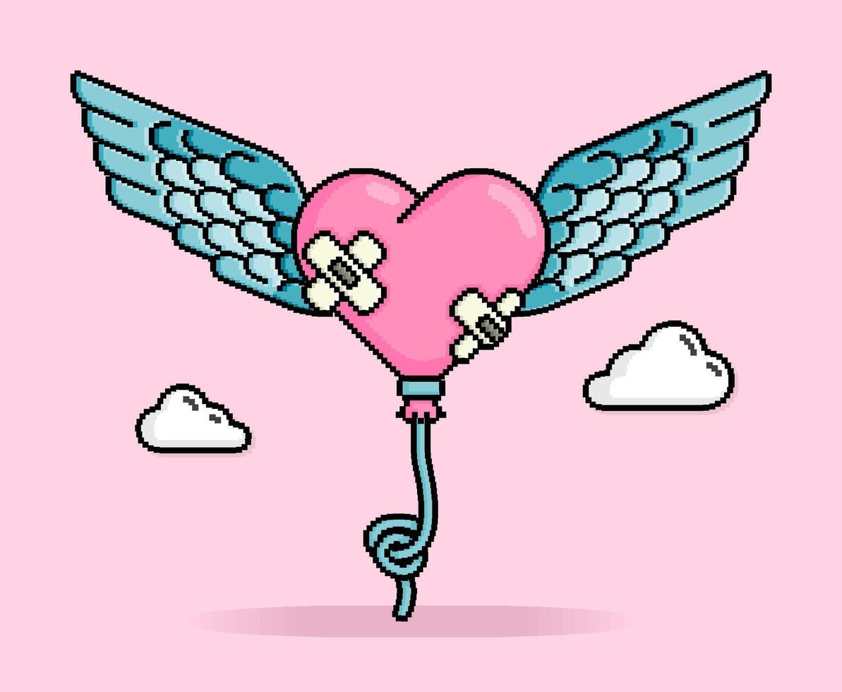 8 bit pixel illustration of pink balloon shaped like heart or wounded love with wings and flying. Can be used for sticker, t shirt, gift, dating invitation, poster, Valentine greeting vector