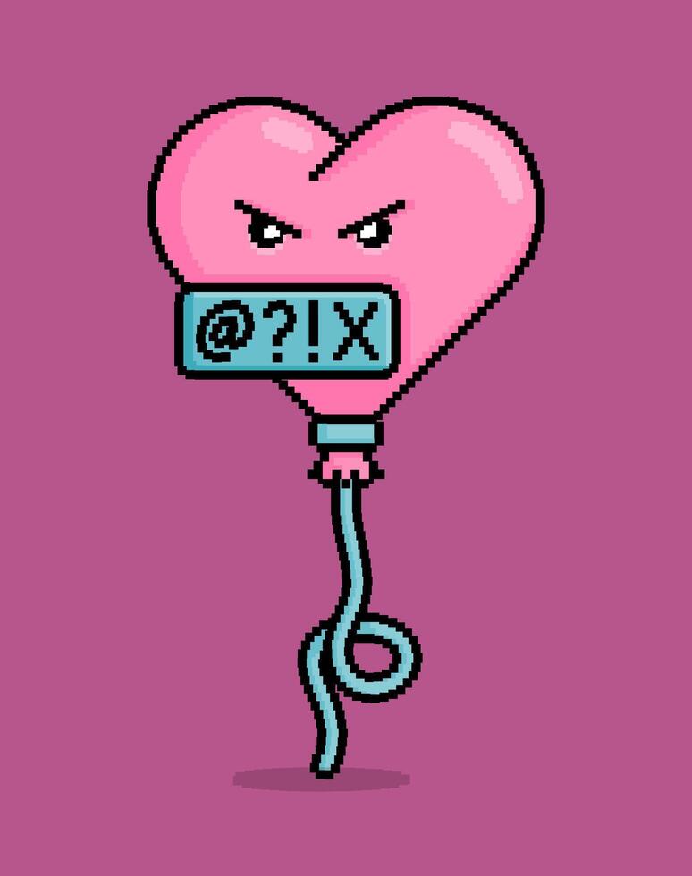emoji in pixel art illustration of a heart shaped balloon cursing a censored harsh word. Can be used for stickers, toy, valentine, dating, invitation, T shirt, clothing vector