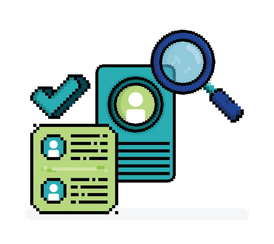 pixel line art illustration of hiring employees with a magnifying glass to select candidate. Can be used for web, website, landing page, apps, print, flyer, brochure, advertising, marketing, promotion vector