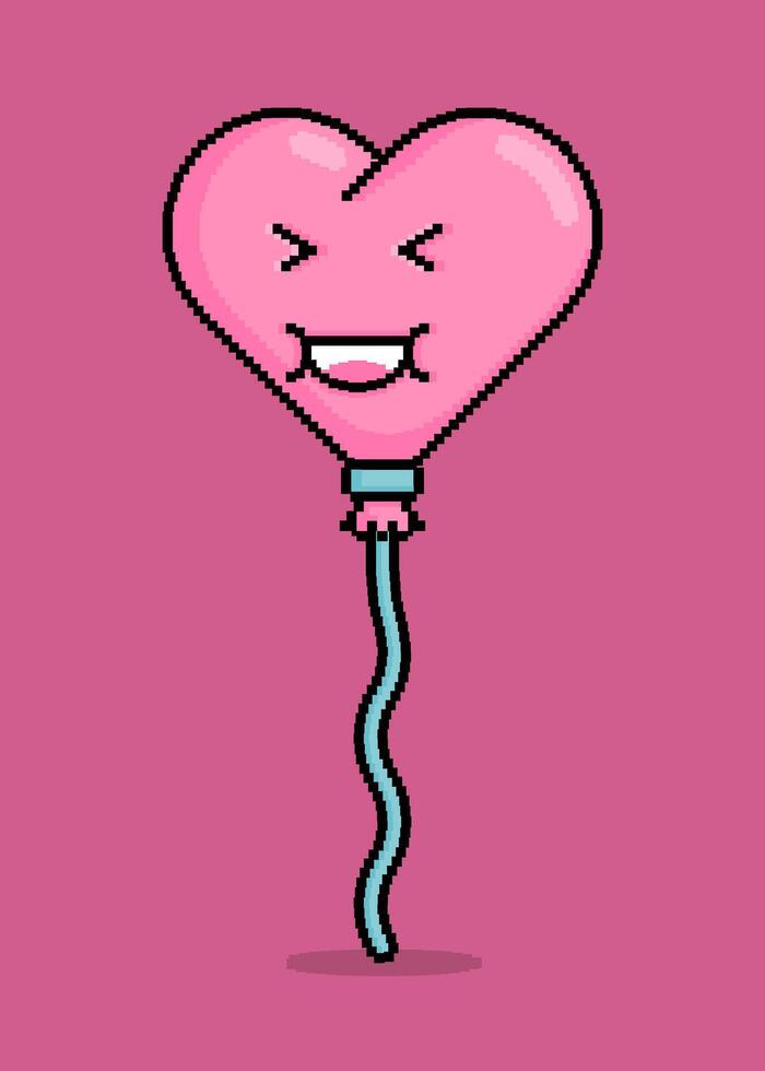 emoji in pixel art illustration of a heart shaped balloon laughing while closing its eyes. Can be used for stickers, toy, valentine, dating, invitation, T shirt, clothing vector