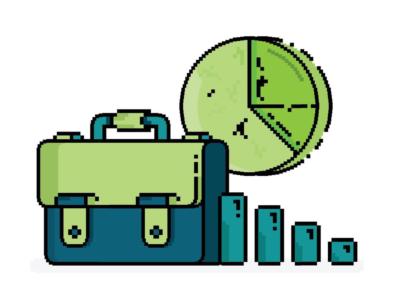 pixel line art illustration of briefcase under bar charts and pie charts, hiring for office and positions. Can be used for website, landing page, apps, print, flyers, brochures, advertising, promotion vector