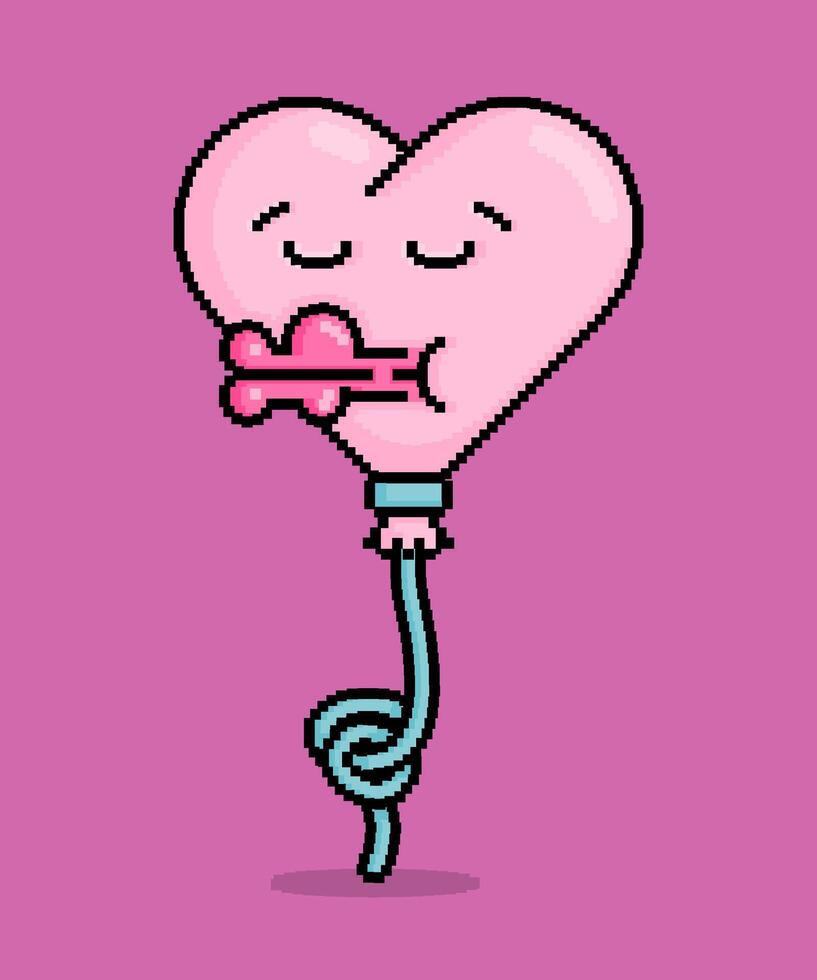 emoji in pixel art illustration of a heart shaped balloon closing eyes to kiss with lips. Can be used for stickers, toy, valentine, dating, invitation, T shirt, clothing vector