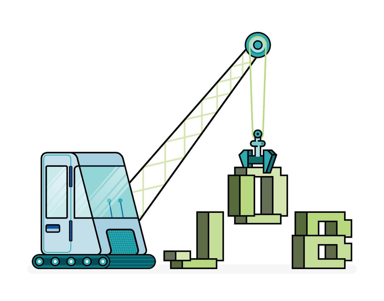 pixel line art illustration of crane lifting 3d world of JOB. job vacancies or hiring in building and construction industry. Can be used for ads, website, web, flyer, brochure, advertisement, poster vector