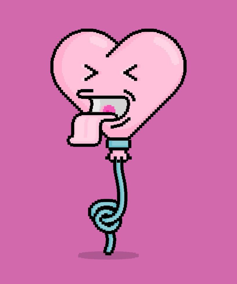 emoji in pixel art illustration of a heart shaped balloon mockingly sticking out its tongue. Can be used for stickers, toy, valentine, dating, invitation, T shirt, clothing vector