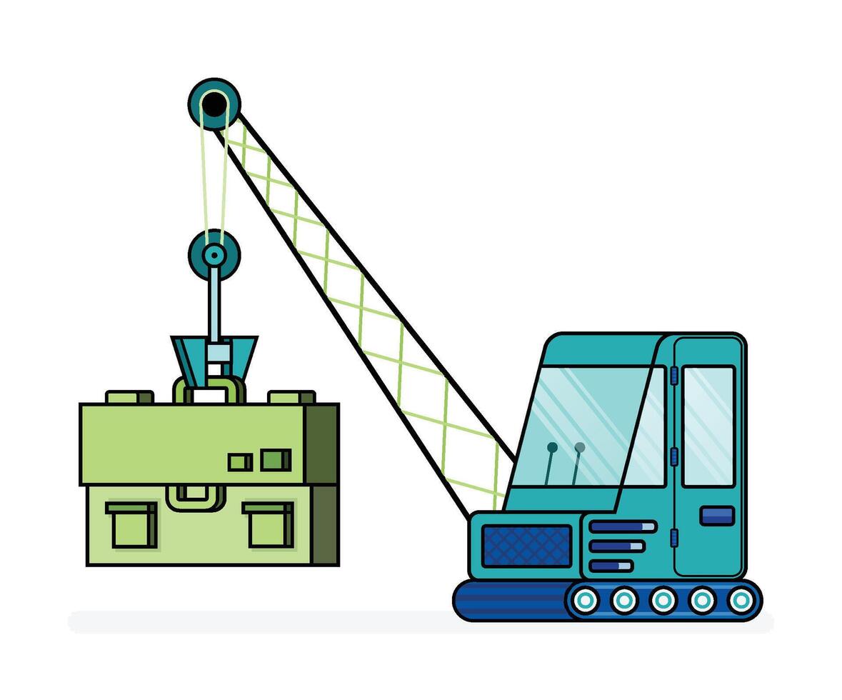 pixel line art illustration of crane lifting briefcase. hiring or job vacancies in construction and heavy equipment sector. Can be used for ads, website, web, flyer, brochure, advertisement vector