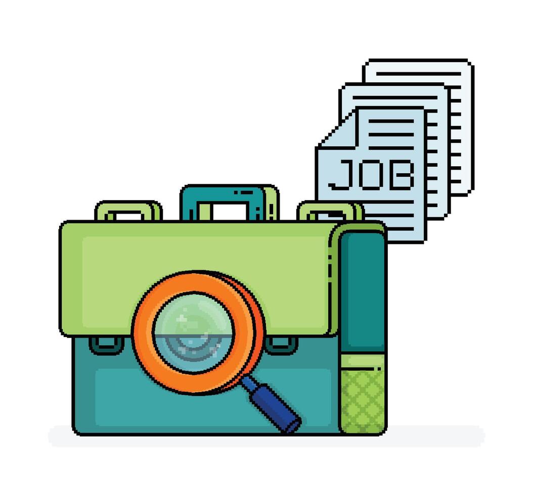 pixel line art of magnifying glass looking for pile of application documents on briefcase, metaphor of job candidates or hiring. Can be used for websites, flyers, brochures of  job vacancy and hiring vector