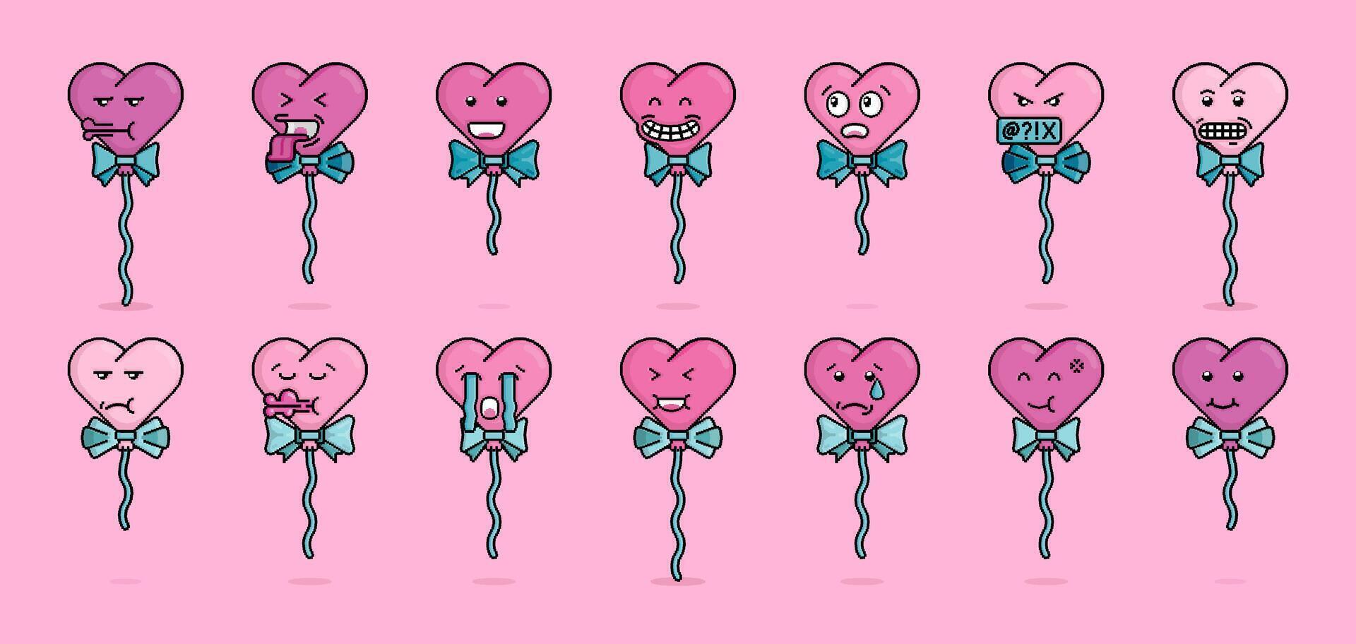pixel illustration emoji pack of heart shaped balloons with ribbons and strings in various emotion of happiness, sadness, confusion, anger, shock, disbelief. Can be used for merchandise or stickers vector