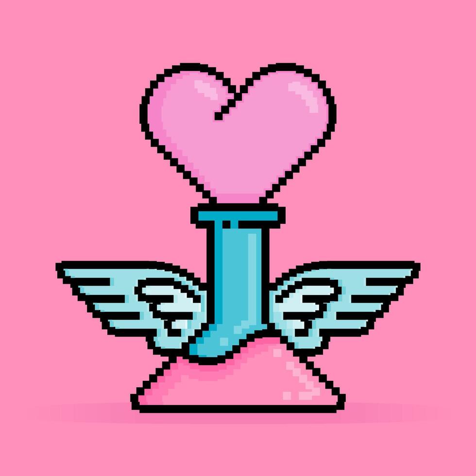 8 bit pixel illustration of Love potion for long lasting relationships stored in glass with wings. Can be used for sticker, t shirt, gift, dating invitation, poster, Valentine greeting vector