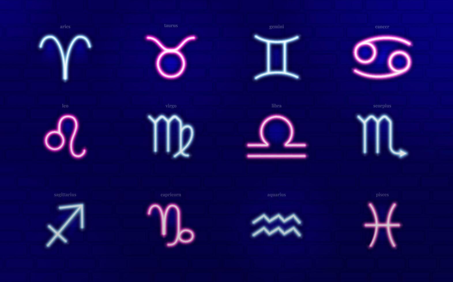 Neon light line illustration of the zodiac signs including gemini, scorpio, virgo and aries. Can be used for website, poster, flyer, brochure, ads, promo vector