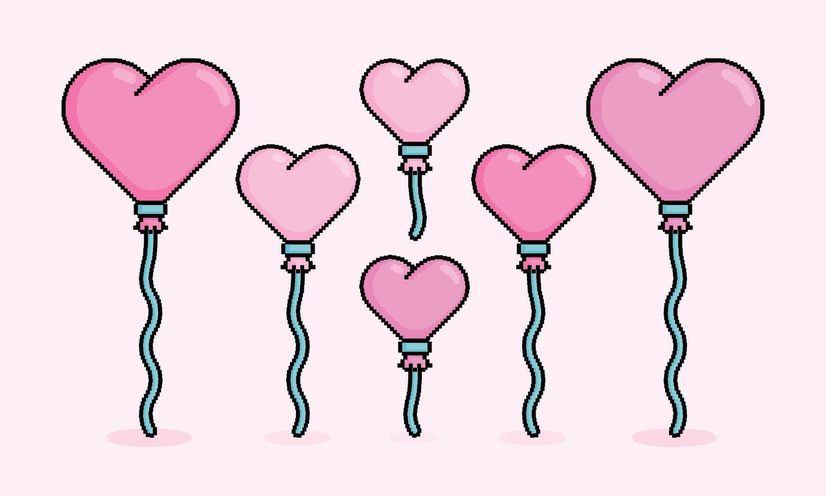 Pixel illustration of pink heart or love shaped balloons stringing and flying for February 14 event. Can be used for valentine merchandise, t shirt, sticker, banner, poster vector