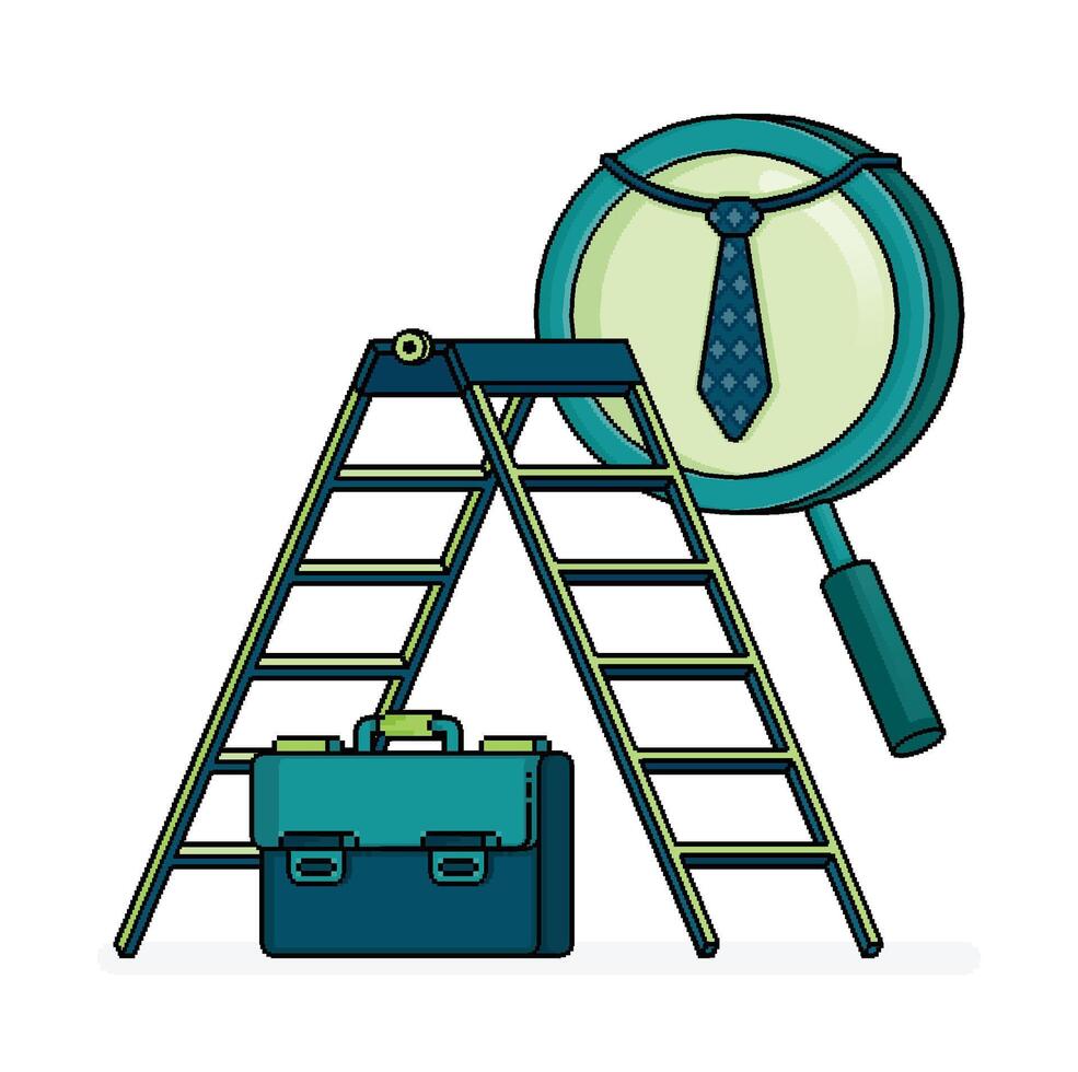 pixel line art of stairs with briefcase and magnifying glass on a tie. climbing career ladder and position in job vacancies. Can be used for ads, website, web, flyer, brochure, advertisement, ads vector