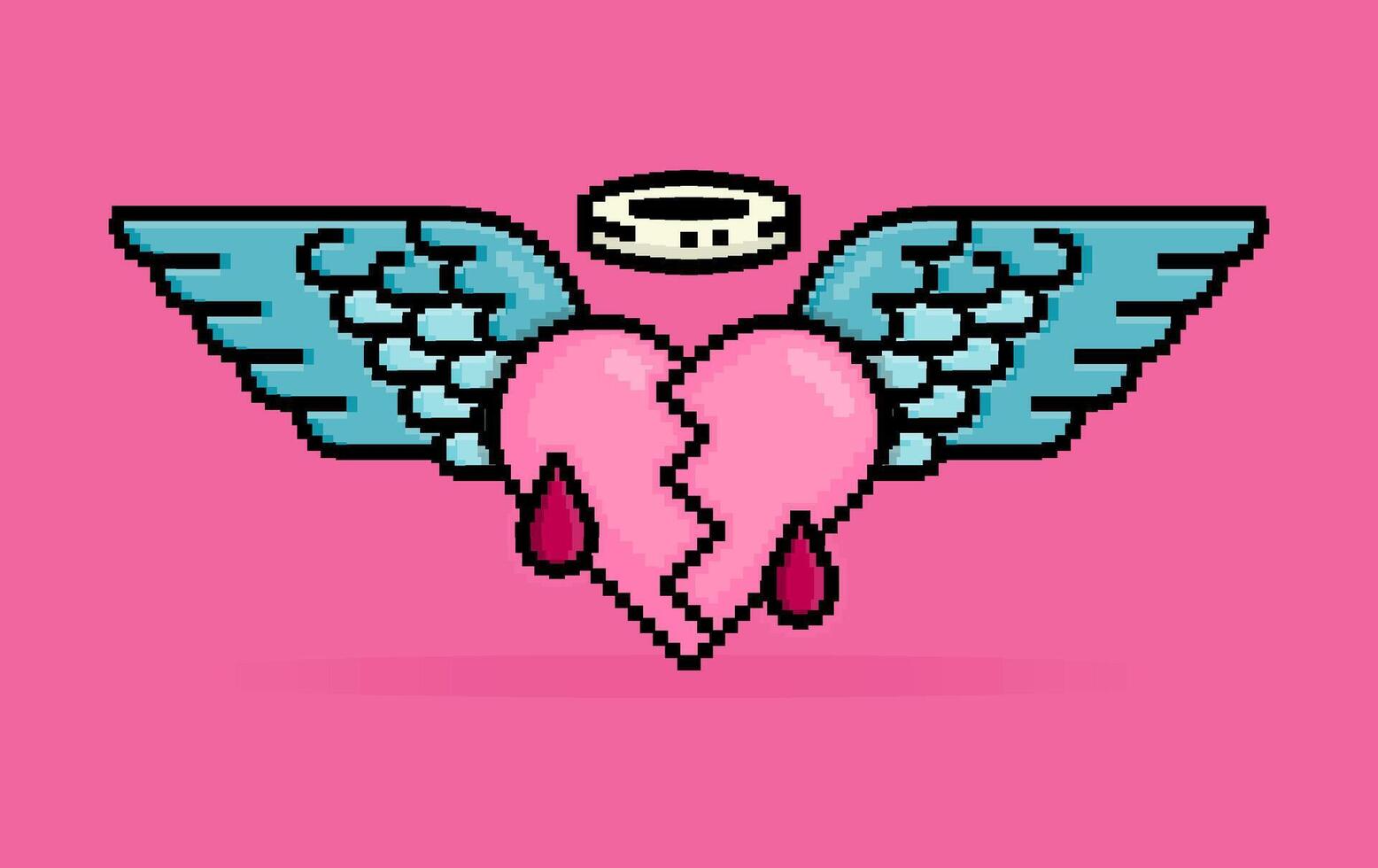 8 bit pixel illustration of heart or love that wounded and bleeding becomes an angel and has wings to fly. Can be used for sticker, t shirt, gift, dating invitation, poster, Valentine greeting vector