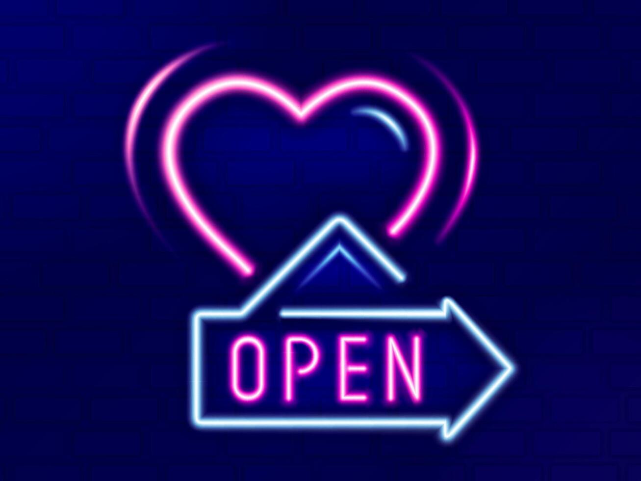 Love light line neon with hanging open sign and directions to hotel, bar and dinners restaurant. Designed for poster, promotion, brochure, flyer. Vector illustration