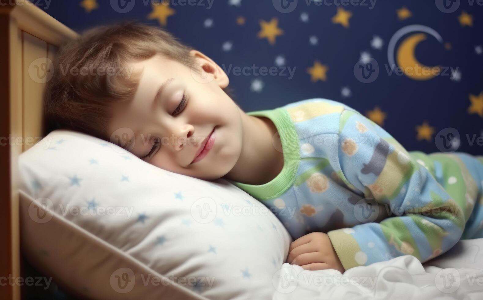AI generated A young kid sleeping soundly in his cozy bed, world sleep day relaxation scenes, peaceful sleep environments, tranquil night atmosphere photo