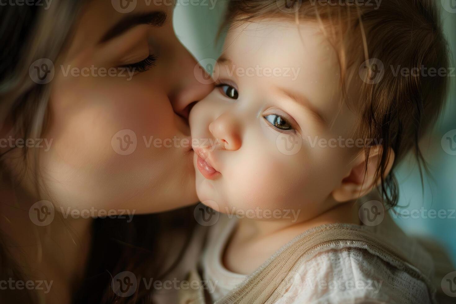 AI generated A mother tenderly kisses her baby showing their pure love and bond in a close up shot, international kissing day image photo