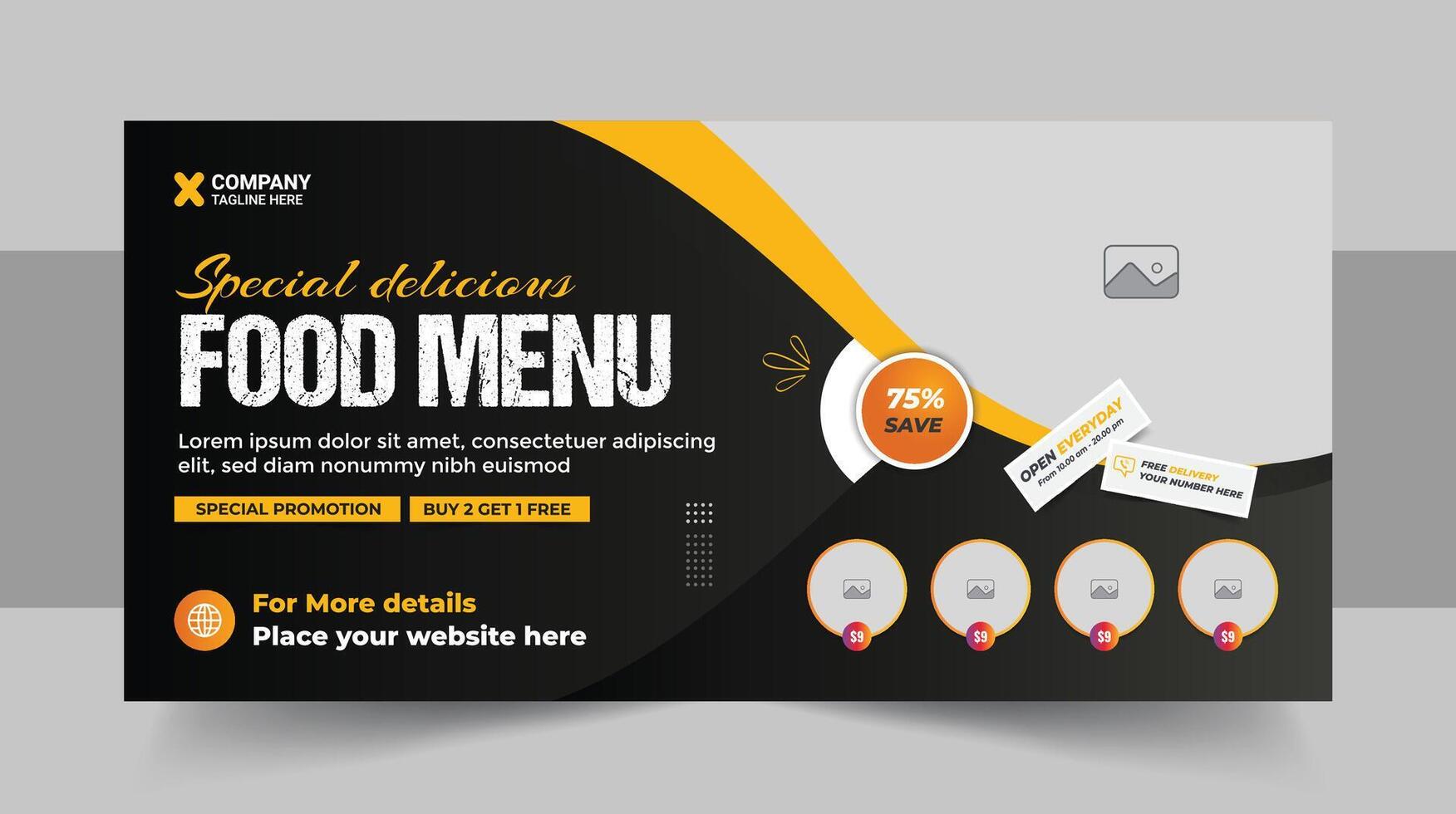 Restaurant food menu social media marketing web banner. Pizza, burger or hamburger online sale promotion video thumbnail. Fast food website background. Food flyer with logo and business icon vector