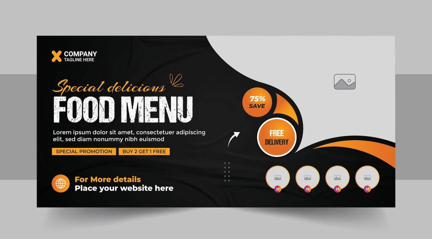 rápido comida o restaurante negocio promoción social medios de comunicación márketing web bandera modelo con logo y icono, pizza, hamburguesa o sano comida negocio promocional volantes diseño diseño vector
