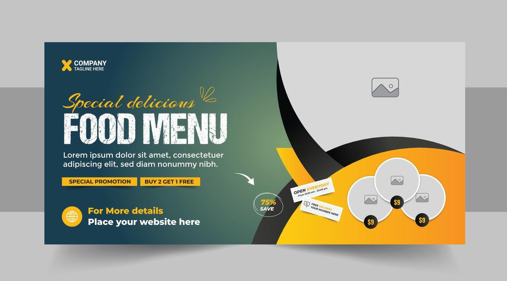 Restaurant food menu social media marketing web banner design. Pizza, burger or hamburger online sale promotion video thumbnail. Fast food website background. Food flyer with logo and business icon vector