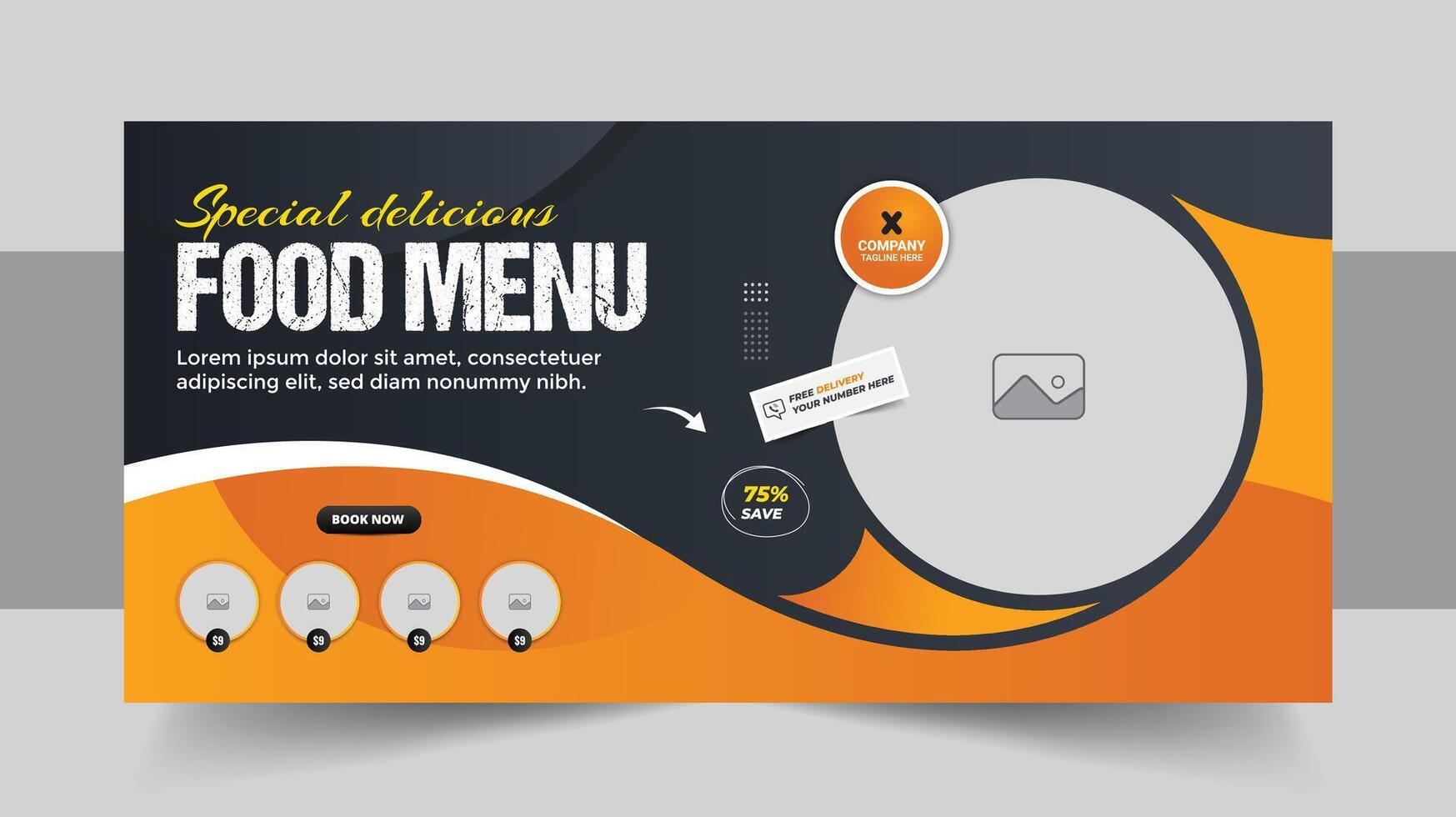 Restaurant food menu social media marketing web banner. Pizza, burger or hamburger online sale promotion video thumbnail vector