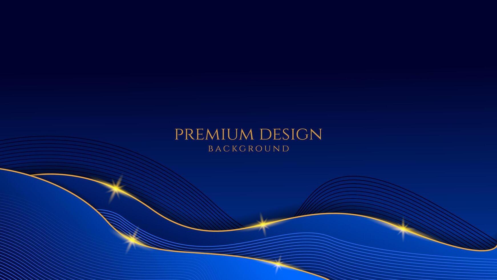 Dark blue luxury premium background with shining gold line waves, suitable for banners, wallpapers, brochures and posters. Vector illustration